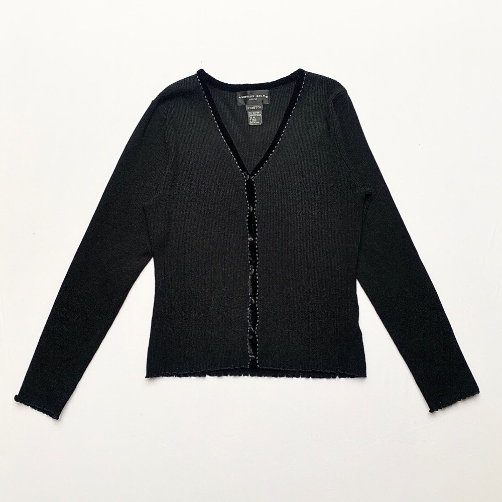 90s Early 2000s Y2K Black Vampy Goth Grunge Silk Vlevet Button Up Beaded Top M